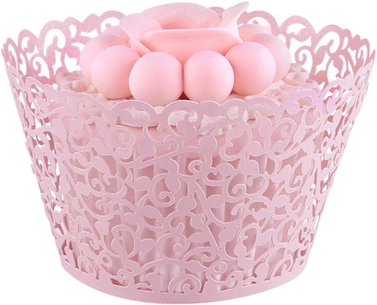 50 pcs Pearl Lace Filigree Wedding Cupcake, Laser Cut Pink