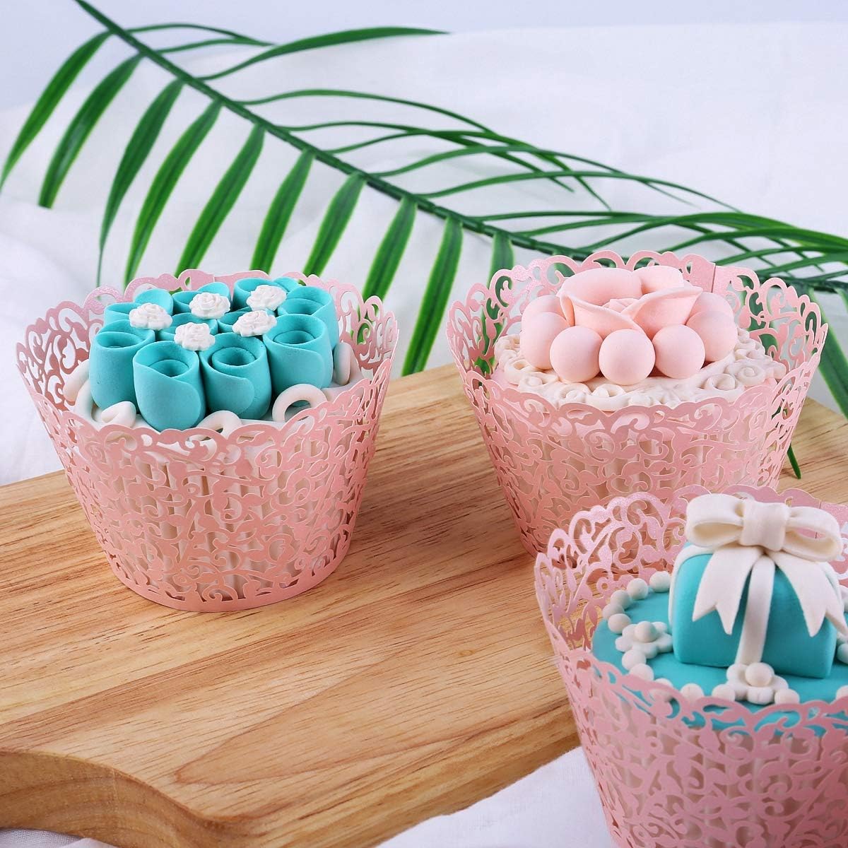 50 pcs Pearl Lace Filigree Wedding Cupcake, Laser Cut Pink