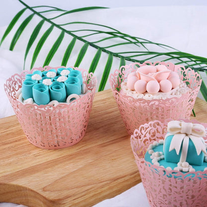 50 pcs Pearl Lace Filigree Wedding Cupcake, Laser Cut Pink