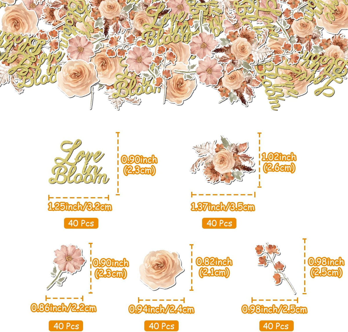 200Pcs Love in Bloom Confetti, Floral Wildflower Bridal Shower Decorations Peach Terracotta Champagne Fall Decor for Women Flower Themed Bridal Shower Wedding Engagement Bachelorette Party Supplies