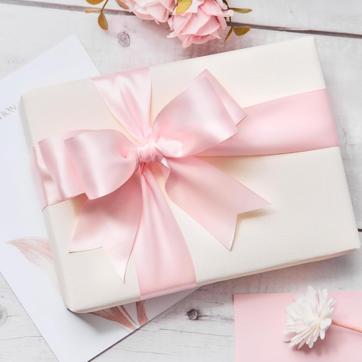 Double Faced Light Pink Satin Ribbon, 1-1/2 Inches, 50 Yards