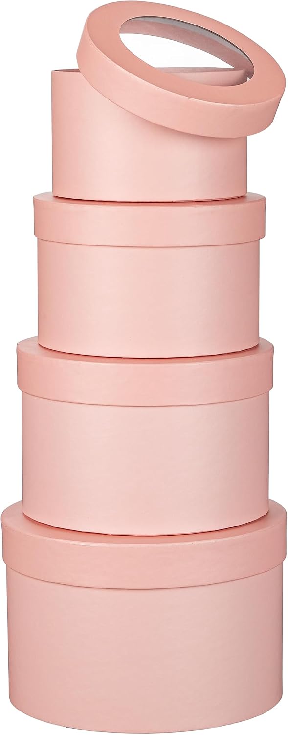 Flower Boxes for Arrangements Nesting Round Gift Boxes with Clear Lids Pink Round Boxes for Flowers Set of 4 Assorted Sizes Flower Boxes for Flower Arrangements, Valentine's Day, Mother's Day