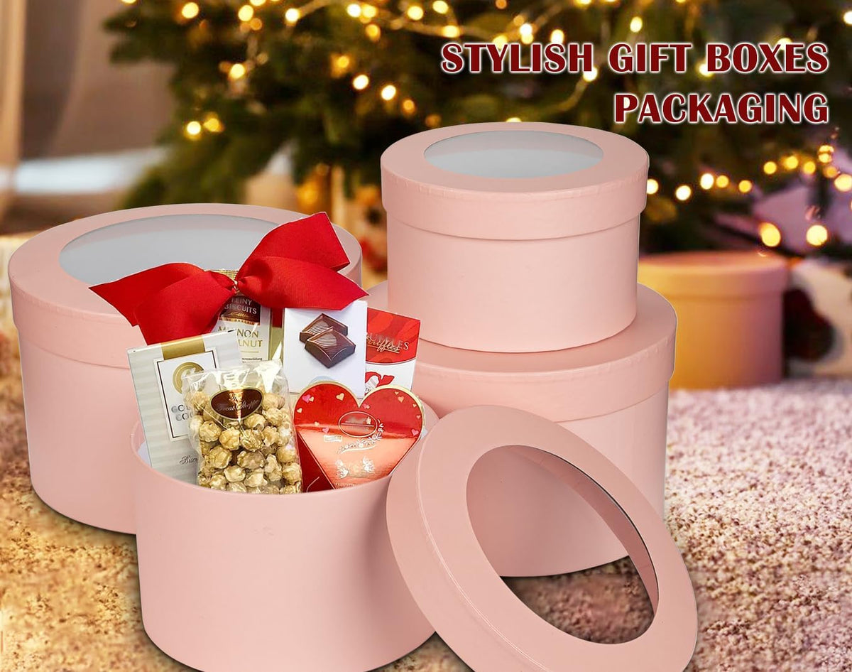Flower Boxes for Arrangements Nesting Round Gift Boxes with Clear Lids Pink Round Boxes for Flowers Set of 4 Assorted Sizes Flower Boxes for Flower Arrangements, Valentine's Day, Mother's Day