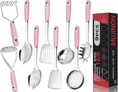 18/0 Stainless Steel Cooking Utensils Set, Heavy Duty Pink Handle for Kitchen Daily Use Party Wedding Housewarming, Dishwasher Safe, 9 Pieces