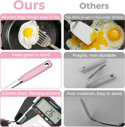 18/0 Stainless Steel Cooking Utensils Set, Heavy Duty Pink Handle for Kitchen Daily Use Party Wedding Housewarming, Dishwasher Safe, 9 Pieces
