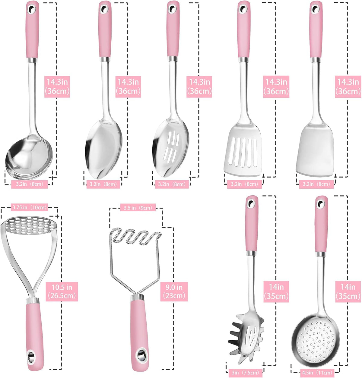 18/0 Stainless Steel Cooking Utensils Set, Heavy Duty Pink Handle for Kitchen Daily Use Party Wedding Housewarming, Dishwasher Safe, 9 Pieces