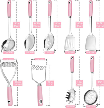 18/0 Stainless Steel Cooking Utensils Set, Heavy Duty Pink Handle for Kitchen Daily Use Party Wedding Housewarming, Dishwasher Safe, 9 Pieces
