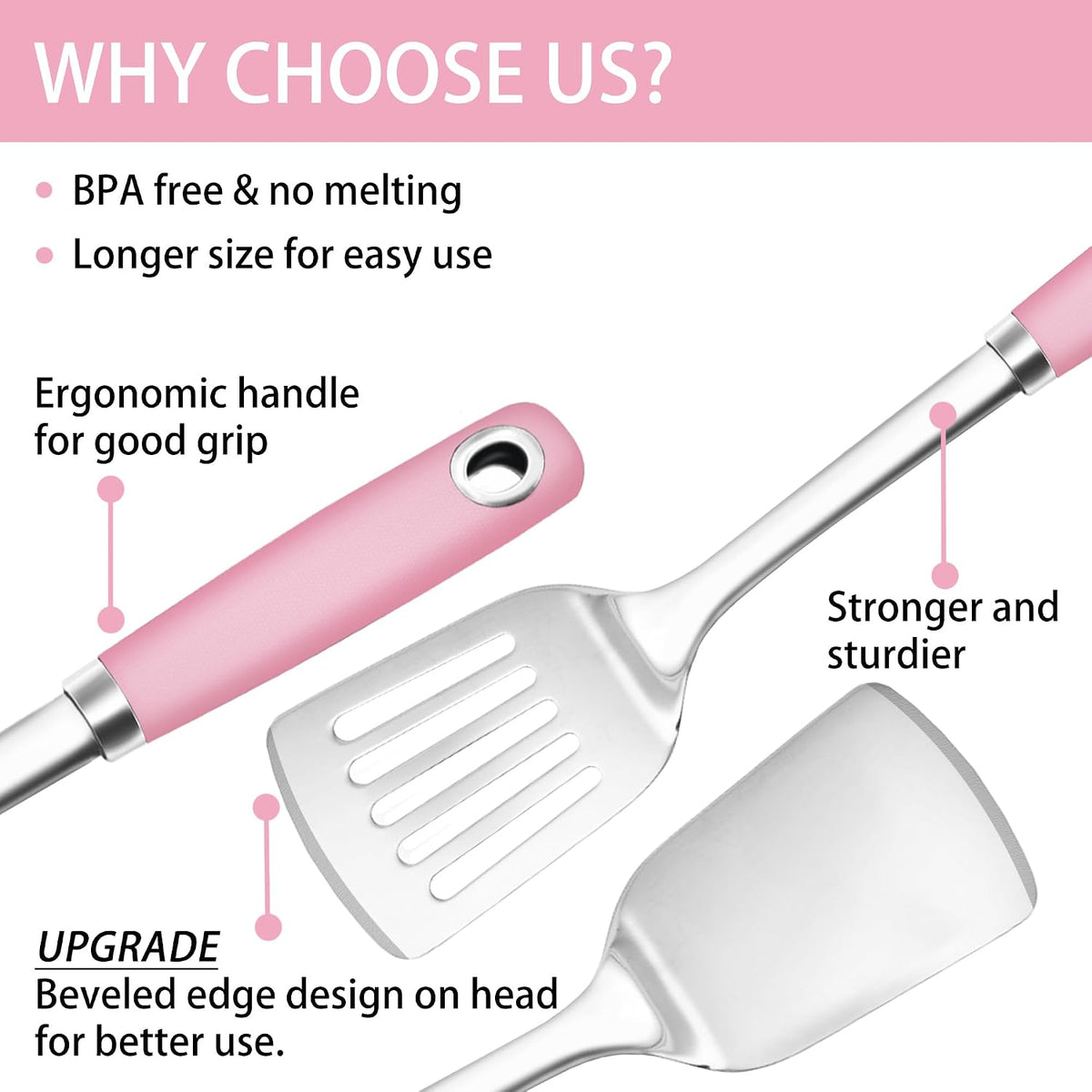 18/0 Stainless Steel Cooking Utensils Set, Heavy Duty Pink Handle for Kitchen Daily Use Party Wedding Housewarming, Dishwasher Safe, 9 Pieces