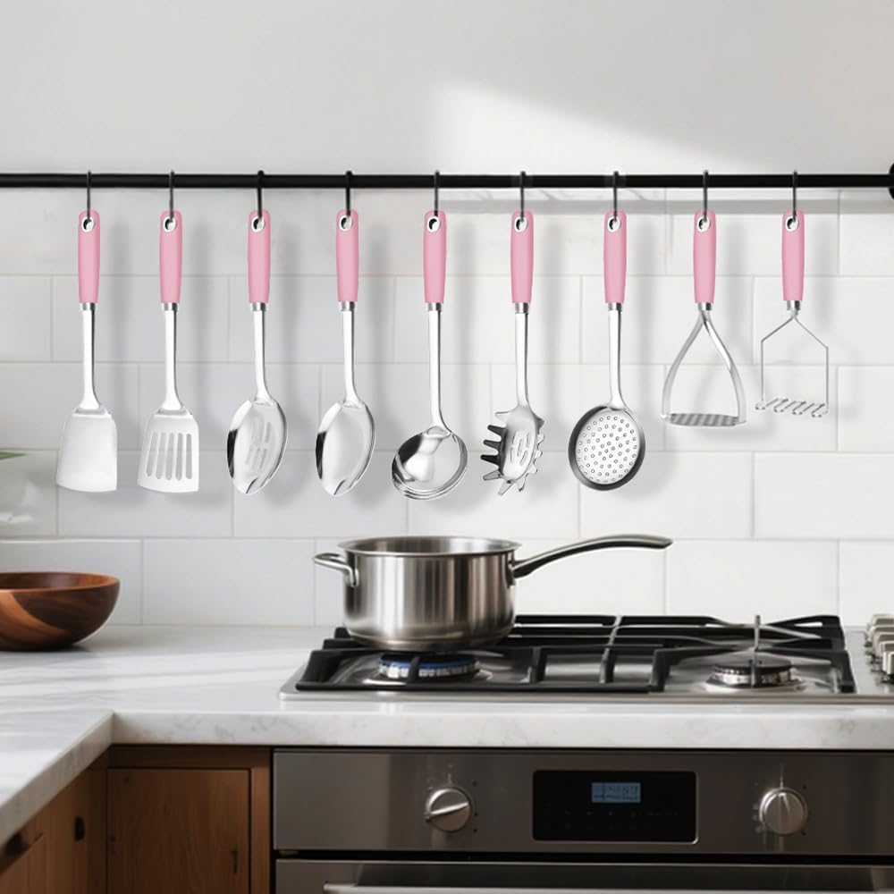 18/0 Stainless Steel Cooking Utensils Set, Heavy Duty Pink Handle for Kitchen Daily Use Party Wedding Housewarming, Dishwasher Safe, 9 Pieces