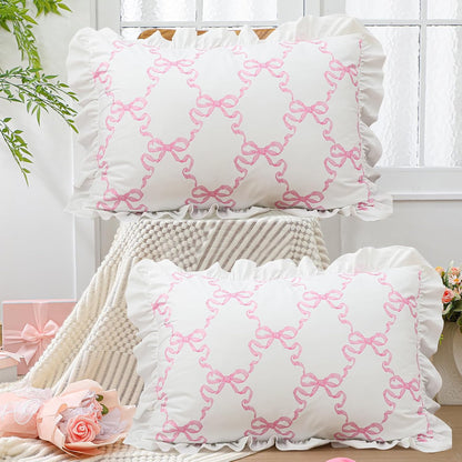 Pink Bow Pillow Covers Set of 2 Christmas Ruffle Pillow Cases Coquette Pillowcase Sham Covers Cute Preppy Bow Pillows Decorative Girly Apartment Bedroom Room Decor 20 x 30''