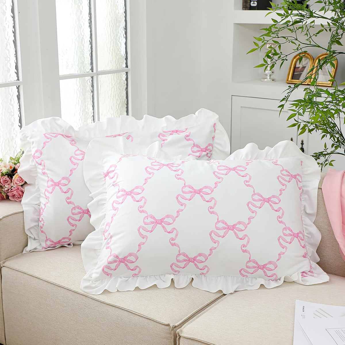 Pink Bow Pillow Covers Set of 2 Christmas Ruffle Pillow Cases Coquette Pillowcase Sham Covers Cute Preppy Bow Pillows Decorative Girly Apartment Bedroom Room Decor 20 x 30''