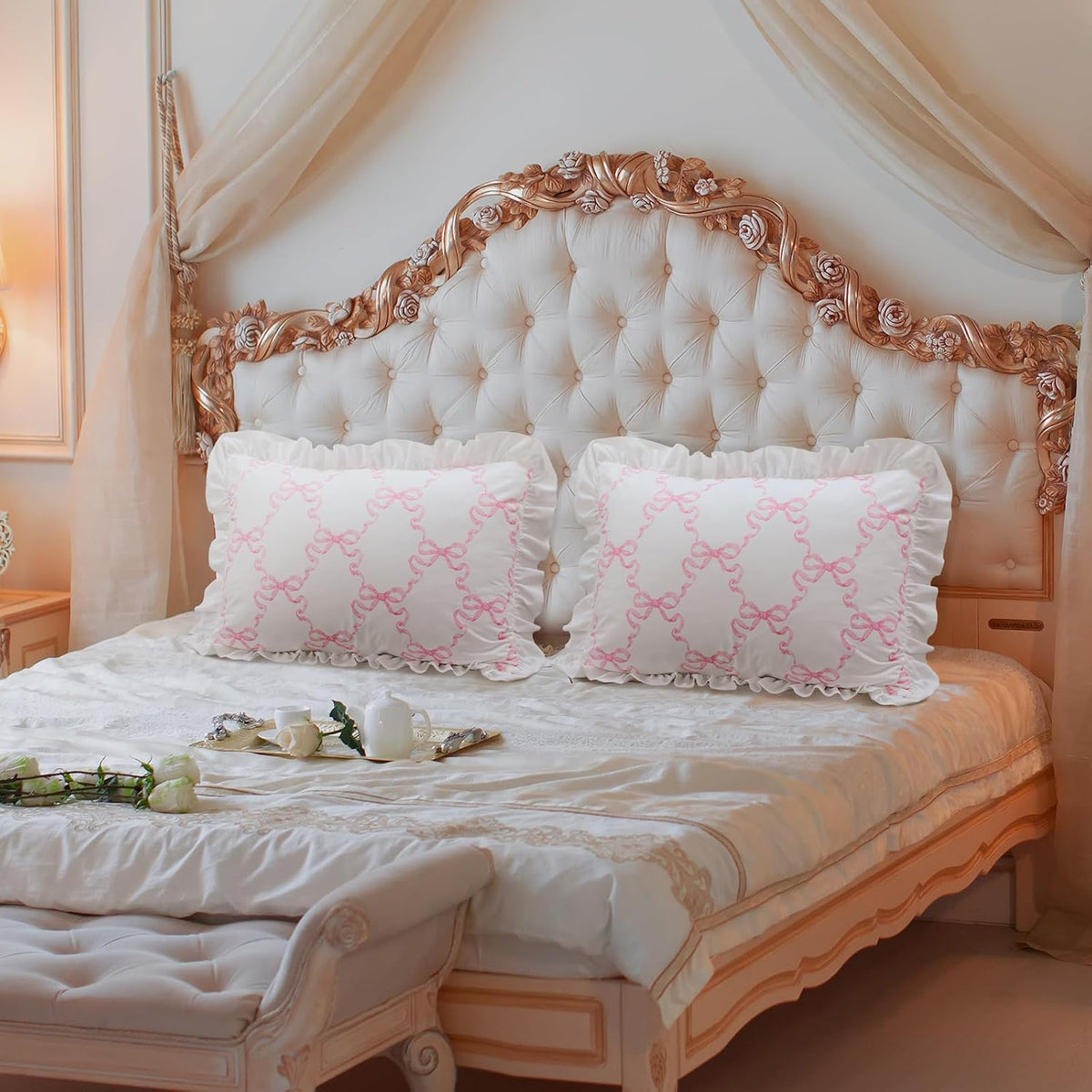 Pink Bow Pillow Covers Set of 2 Christmas Ruffle Pillow Cases Coquette Pillowcase Sham Covers Cute Preppy Bow Pillows Decorative Girly Apartment Bedroom Room Decor 20 x 30''
