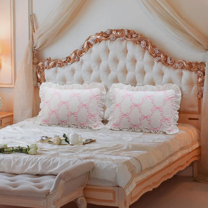 Pink Bow Pillow Covers Set of 2 Christmas Ruffle Pillow Cases Coquette Pillowcase Sham Covers Cute Preppy Bow Pillows Decorative Girly Apartment Bedroom Room Decor 20 x 30''