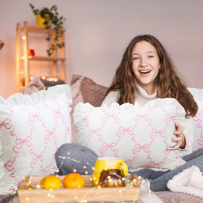 Pink Bow Pillow Covers Set of 2 Christmas Ruffle Pillow Cases Coquette Pillowcase Sham Covers Cute Preppy Bow Pillows Decorative Girly Apartment Bedroom Room Decor 20 x 30''