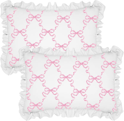 Pink Bow Pillow Covers Set of 2 Christmas Ruffle Pillow Cases Coquette Pillowcase Sham Covers Cute Preppy Bow Pillows Decorative Girly Apartment Bedroom Room Decor 20 x 30''