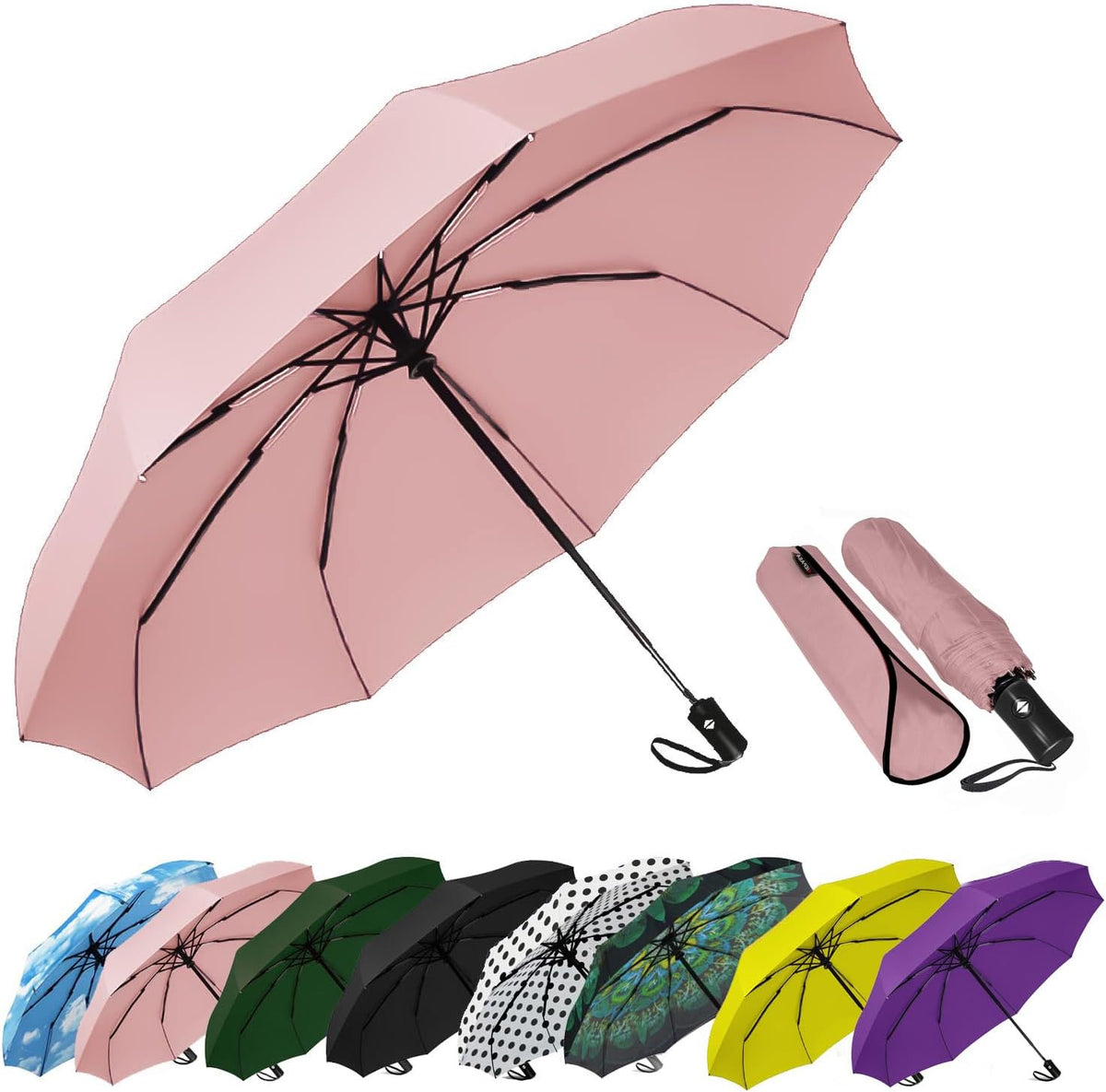 Windproof Travel Compact Umbrella-Automatic Umbrellas for Rain-Compact Folding Umbrella, Travel Umbrella Compact, Small Portable Windproof Umbrellas for Men Women Teenage.(Pink)