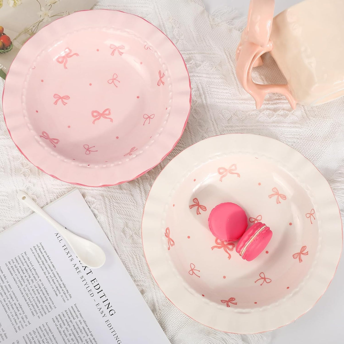2 Pcs Pink Bow Ceramic Dish White Pink Bow Tie Dessert Plates Cute Coquette Salad Appetizer Plates for Holding Necklaces Earrings Bracelets Decorative Plate Home Restaurant Table Decor