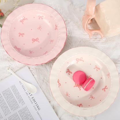 2 Pcs Pink Bow Ceramic Dish White Pink Bow Tie Dessert Plates Cute Coquette Salad Appetizer Plates for Holding Necklaces Earrings Bracelets Decorative Plate Home Restaurant Table Decor