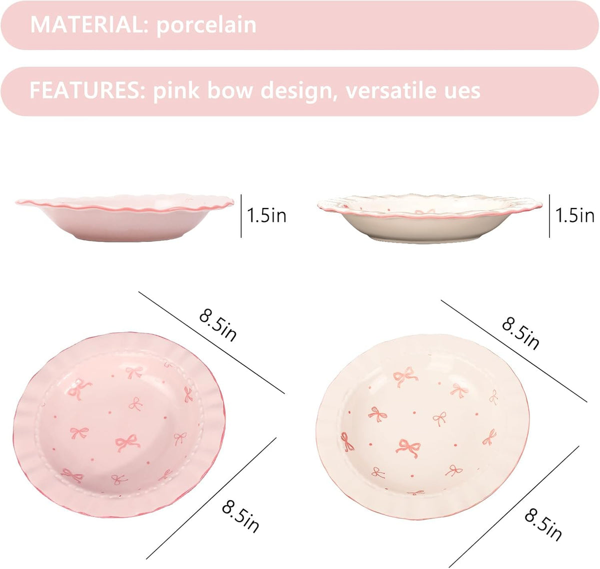 2 Pcs Pink Bow Ceramic Dish White Pink Bow Tie Dessert Plates Cute Coquette Salad Appetizer Plates for Holding Necklaces Earrings Bracelets Decorative Plate Home Restaurant Table Decor