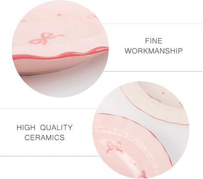 2 Pcs Pink Bow Ceramic Dish White Pink Bow Tie Dessert Plates Cute Coquette Salad Appetizer Plates for Holding Necklaces Earrings Bracelets Decorative Plate Home Restaurant Table Decor