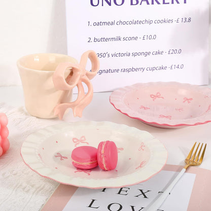 2 Pcs Pink Bow Ceramic Dish White Pink Bow Tie Dessert Plates Cute Coquette Salad Appetizer Plates for Holding Necklaces Earrings Bracelets Decorative Plate Home Restaurant Table Decor