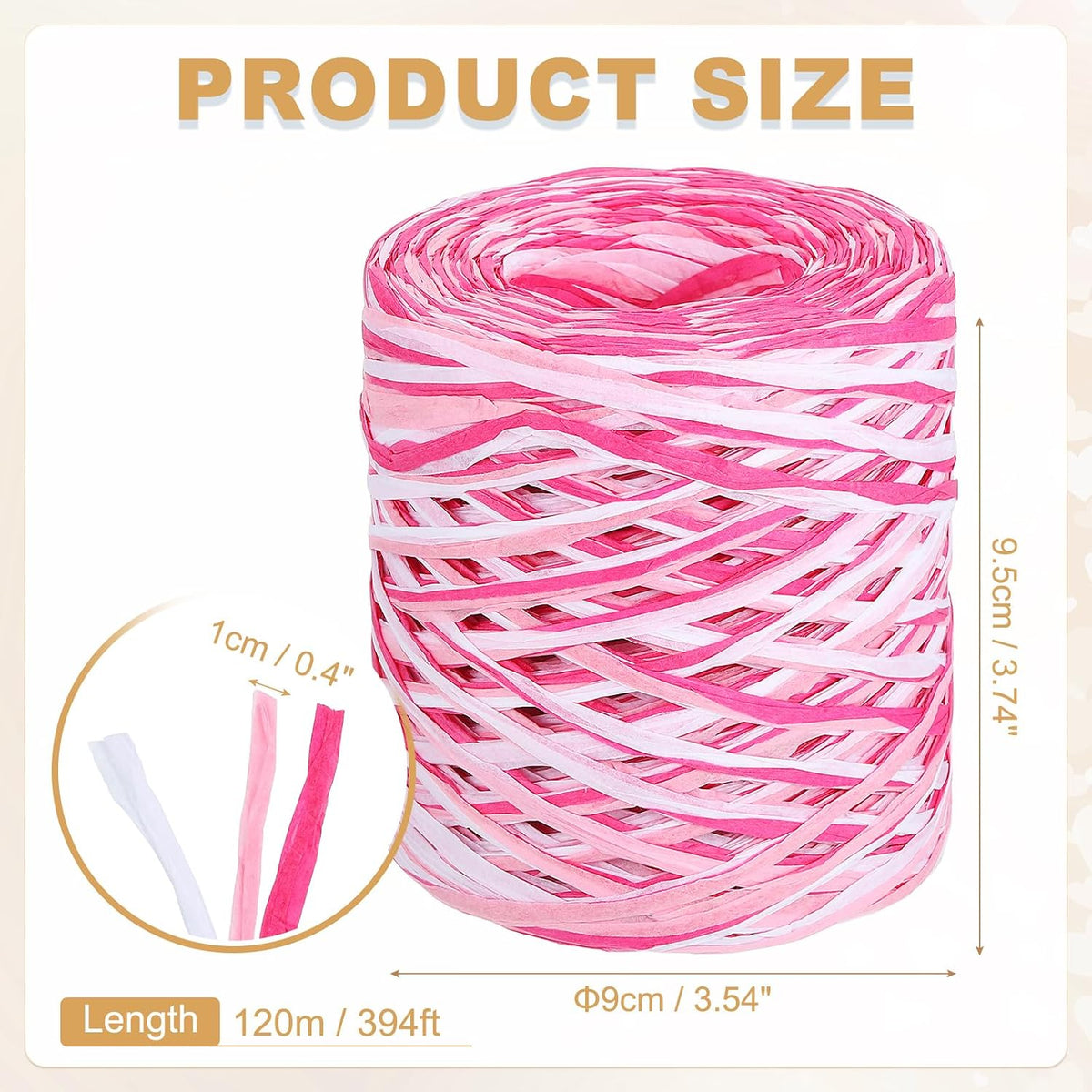 Raffia Paper Craft Ribbon 120m/394ft Raffia Ribbon 4Ply String Kraft Packing for Gift Wrapping, Crafting Supplies (Pink/White/Rose Red)