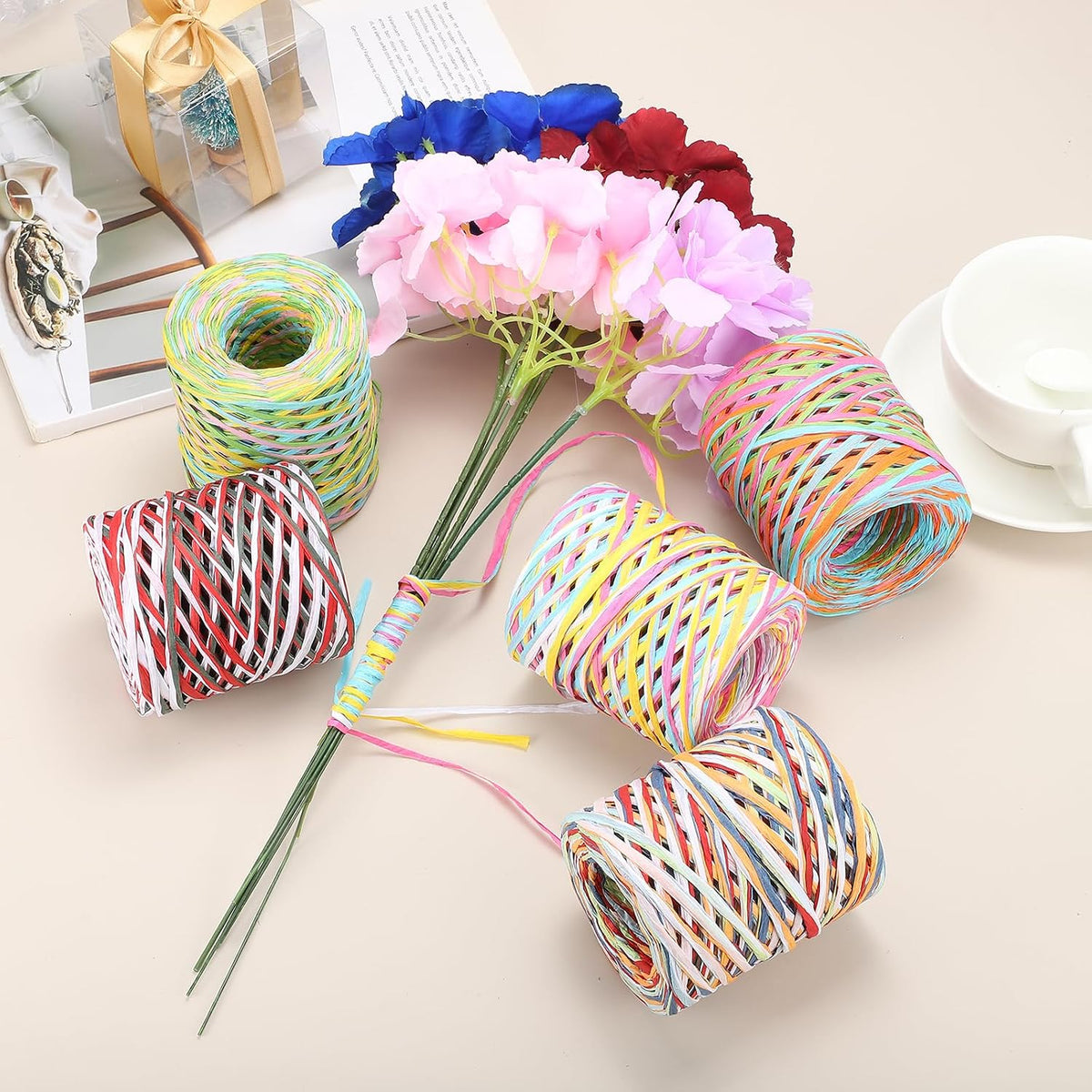 Raffia Paper Craft Ribbon 120m/394ft Raffia Ribbon 4Ply String Kraft Packing for Gift Wrapping, Crafting Supplies (Pink/White/Rose Red)