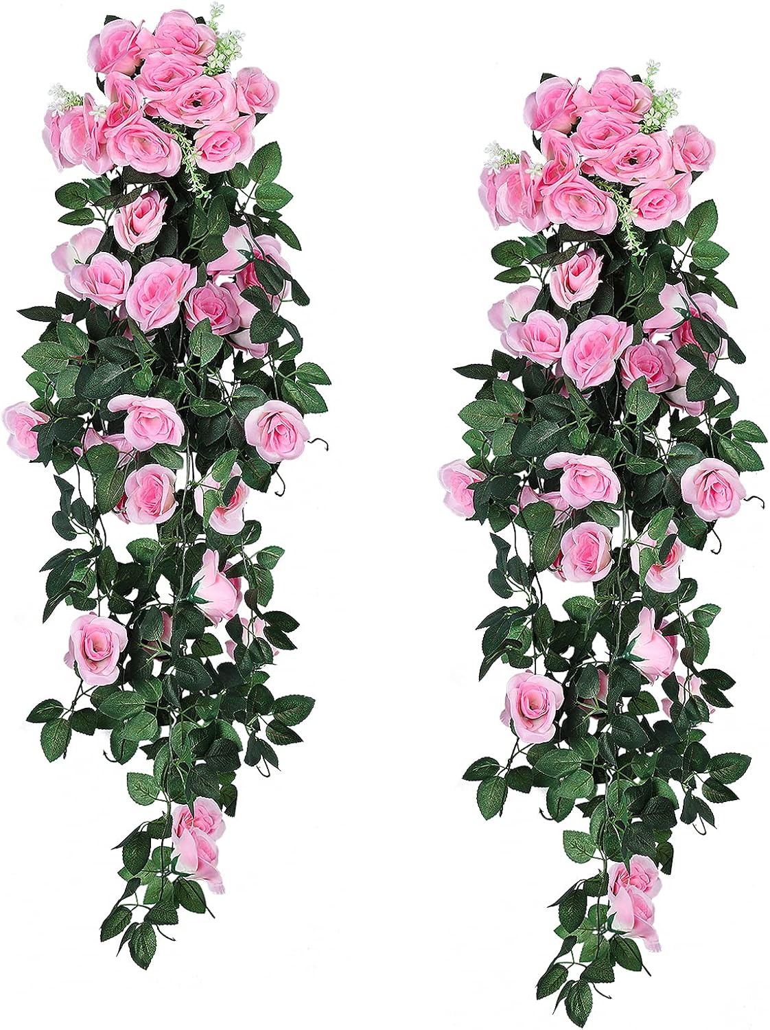 2PCS Artificial Pink Rose Fake Hanging Flowers Garland for Outdoors