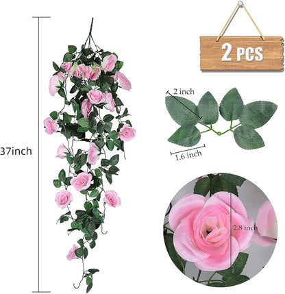 2PCS Artificial Pink Rose Fake Hanging Flowers Garland for Outdoors