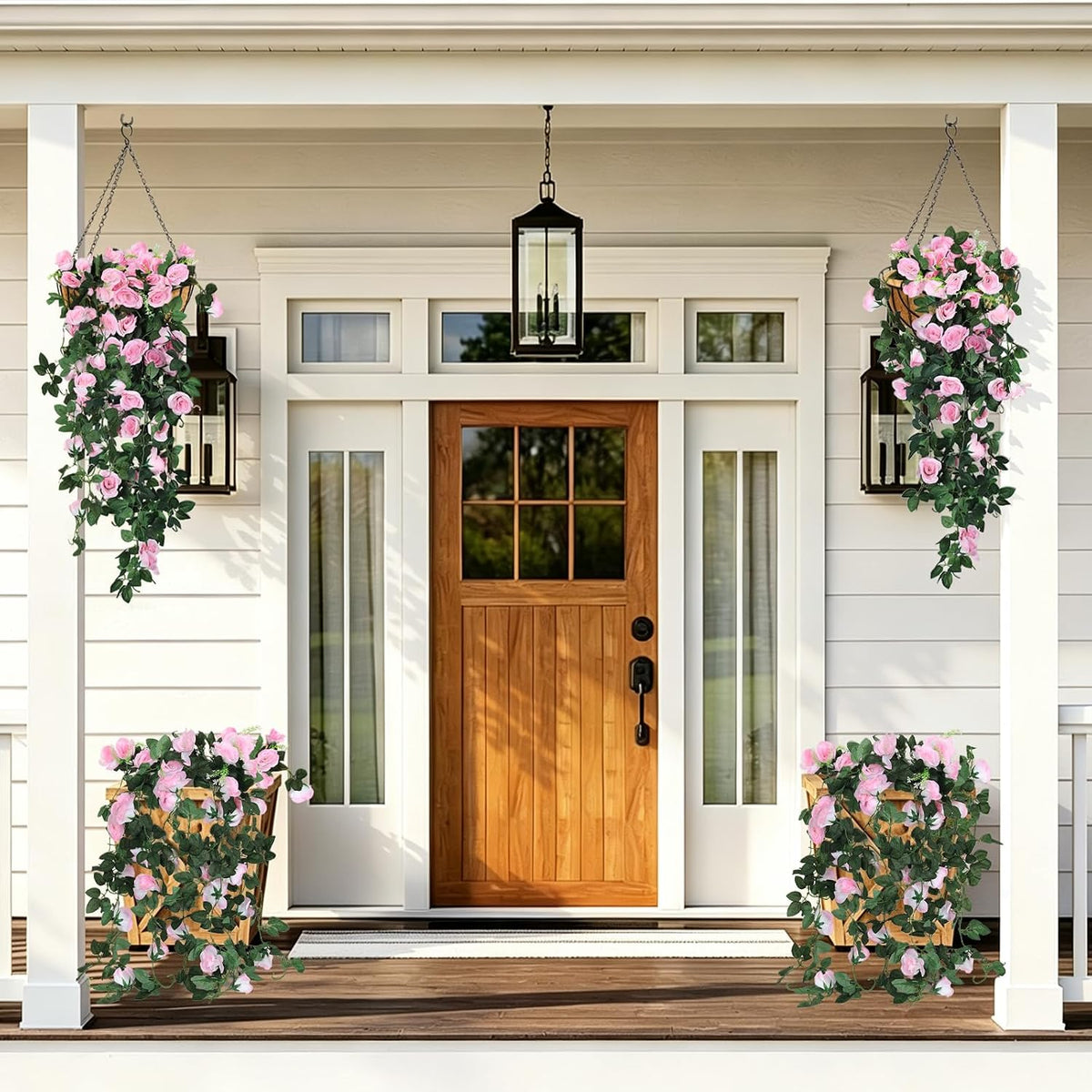 2PCS Artificial Pink Rose Fake Hanging Flowers Garland for Outdoors