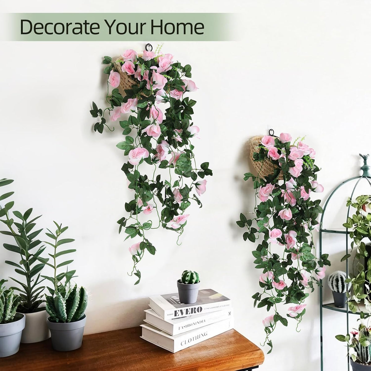 2PCS Artificial Pink Rose Fake Hanging Flowers Garland for Outdoors