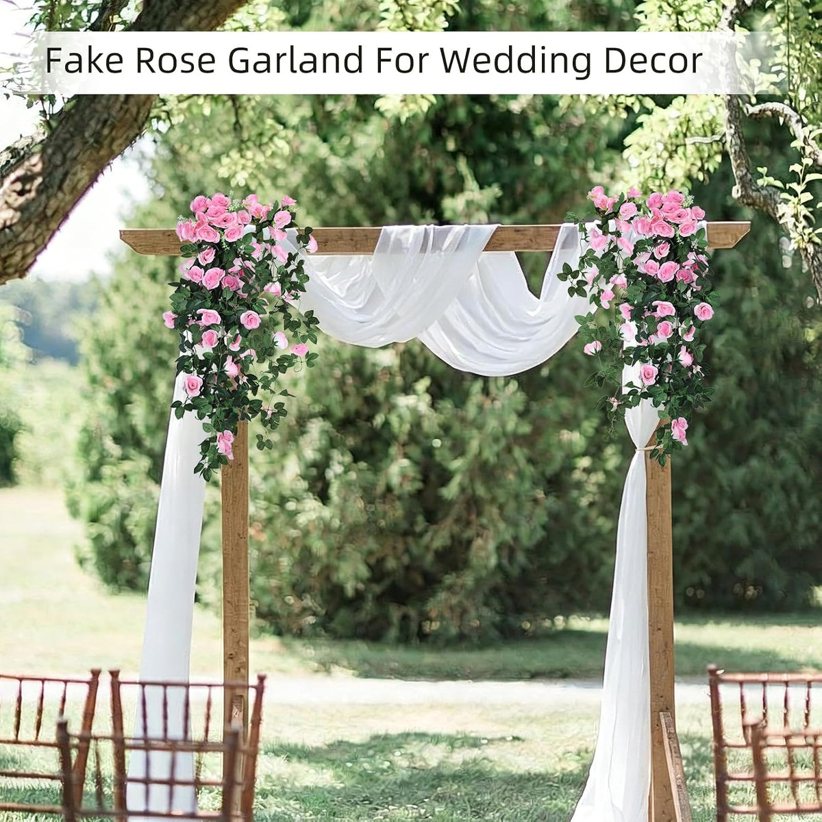 2PCS Artificial Pink Rose Fake Hanging Flowers Garland for Outdoors