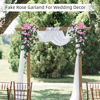 2PCS Artificial Pink Rose Fake Hanging Flowers Garland for Outdoors