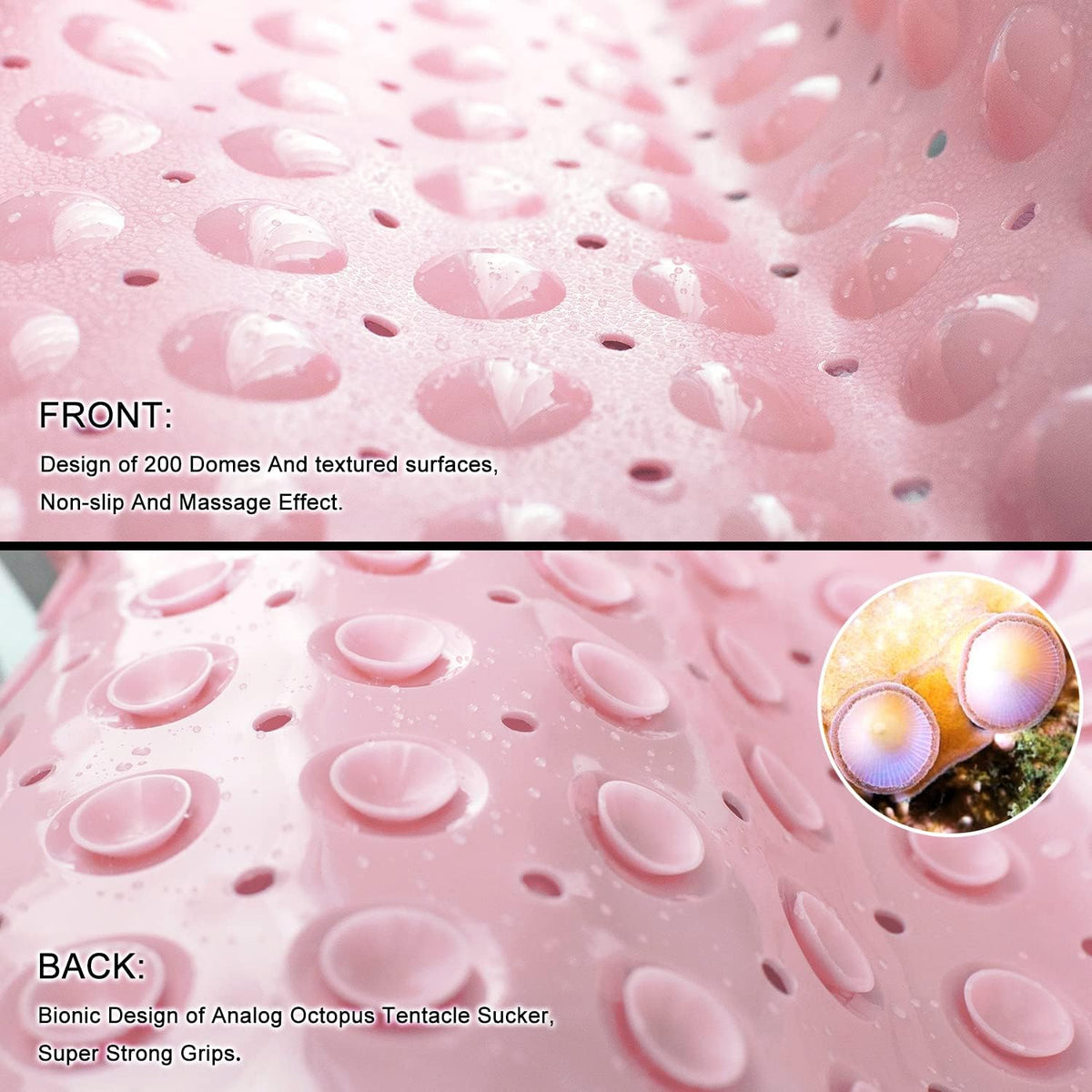 Bath Tub and Shower Mats, Non-Slip 39 x 16 Inch Extra Long Bathtub Mat, Machine Washable BathMat with Drain Holes, Suction Cups for Bathroom (Opaque Pink)