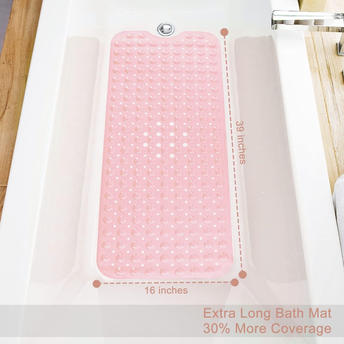 Bath Tub and Shower Mats, Non-Slip 39 x 16 Inch Extra Long Bathtub Mat, Machine Washable BathMat with Drain Holes, Suction Cups for Bathroom (Opaque Pink)