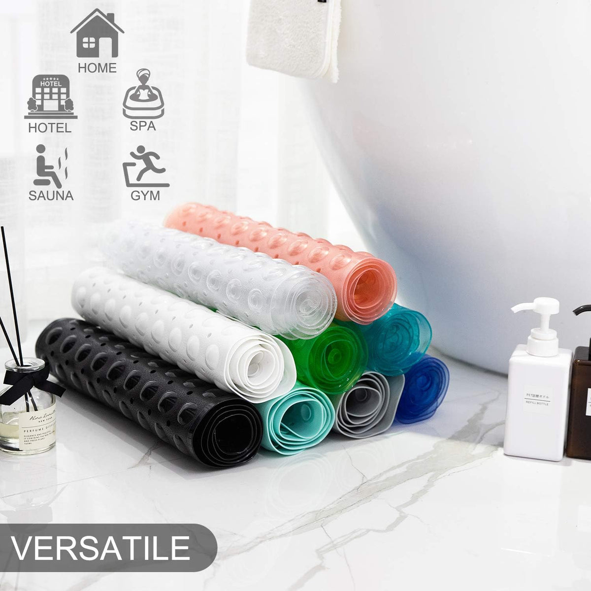 Bath Tub and Shower Mats, Non-Slip 39 x 16 Inch Extra Long Bathtub Mat, Machine Washable BathMat with Drain Holes, Suction Cups for Bathroom (Opaque Pink)