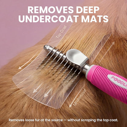 Poodle Dematting Fur Rake Comb Brush for Dogs and Cats - Long 2.5" Steel Safety Blades Metal Comb for Detangling Matted or Knotted Undercoat Hair