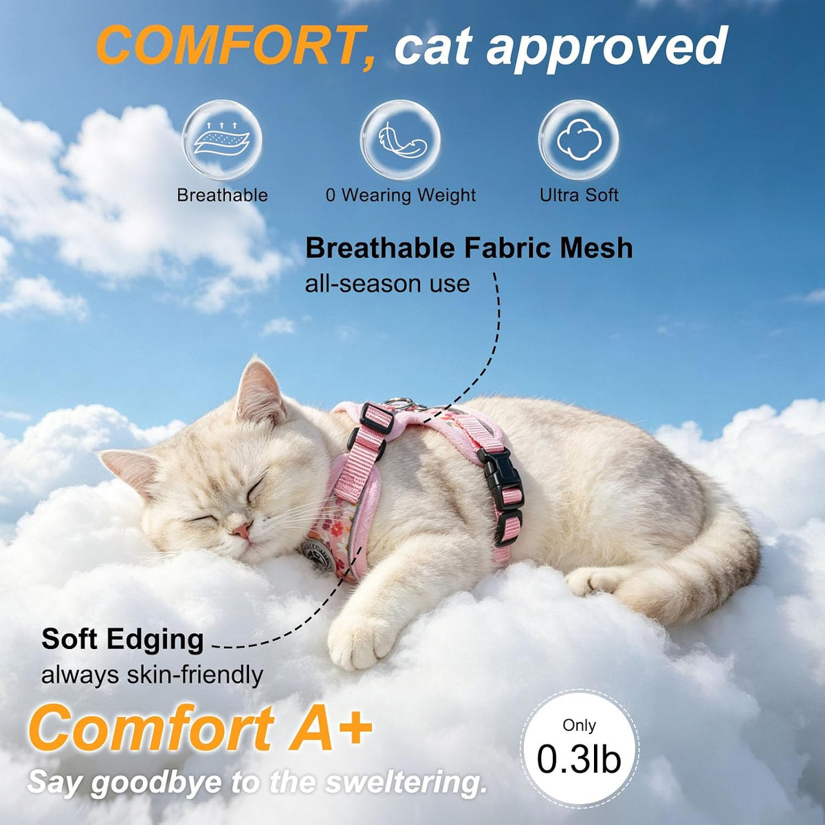 Cat Harness and Leash,Escape Proof Easy-On Vest w/Neck Buckle, M
