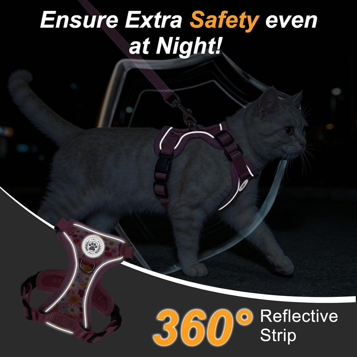 Cat Harness and Leash,Escape Proof Easy-On Vest w/Neck Buckle, M