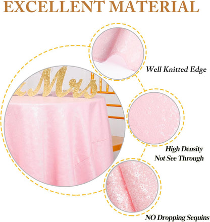 Sequin Tablecloth Round 72-Inch Pink Table Cloths Glitter Sequence Tablecloth Overlay Baby Pink Round Table Cover for Wedding/Birthday Cake Decor