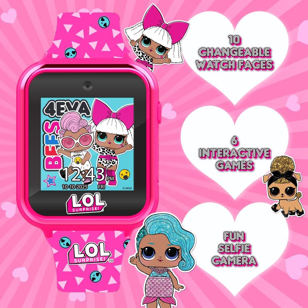 LOL Surprise Touchscreen Exclusive Pink Smartwatch for Kids – Engaging Educational Games, Step Counter, Camera, Alarm & More – Fun & Interactive Timepiece (LOL4264AZ)