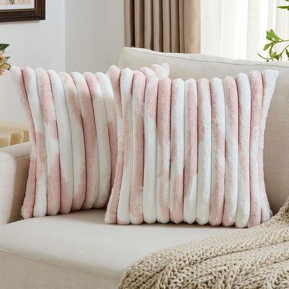 Pack of 2 Faux Fur Throw Pillow Covers 18x18 Inch, Pink White