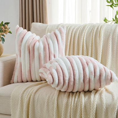 Pack of 2 Faux Fur Throw Pillow Covers 18x18 Inch, Pink White