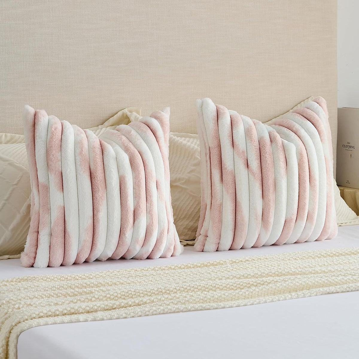 Pack of 2 Faux Fur Throw Pillow Covers 18x18 Inch, Pink White