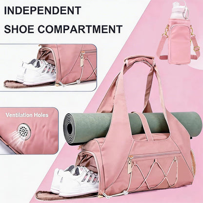 Gym Bag for Women, Yoga Mat Bag with Shoe Compartment and Wet Pocket, Sport Yoga Gym Bag with Yoga Strap, Carryall Yoga Tote Bag