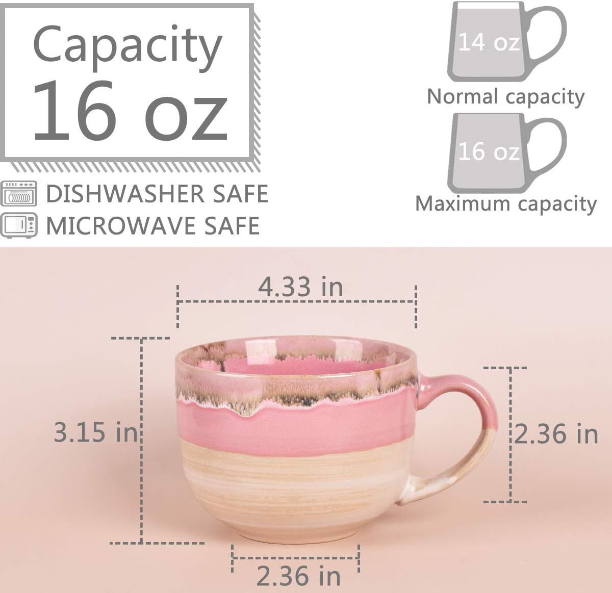 Large Ceramic Coffee Mug Set of 2, Stoneware Jumbo Latte Mugs Tea for Office and Home, 16 Oz, Dishwasher and Microwave Safe(Pink, 2)