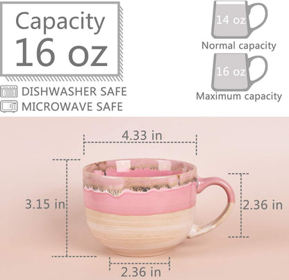 Large Ceramic Coffee Mug Set of 2, Stoneware Jumbo Latte Mugs Tea for Office and Home, 16 Oz, Dishwasher and Microwave Safe(Pink, 2)