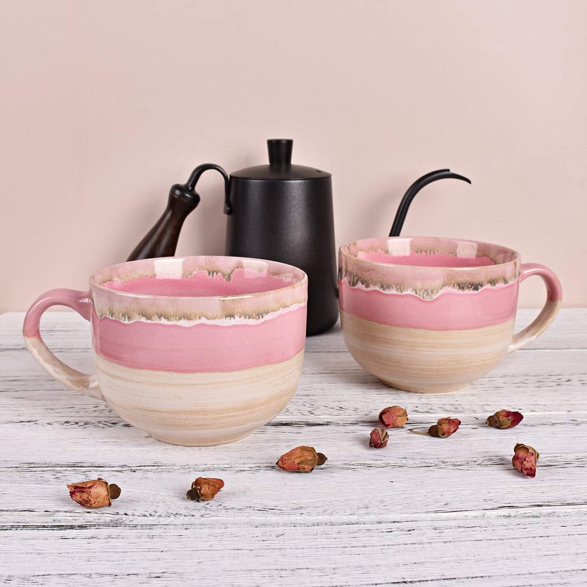 Large Ceramic Coffee Mug Set of 2, Stoneware Jumbo Latte Mugs Tea for Office and Home, 16 Oz, Dishwasher and Microwave Safe(Pink, 2)