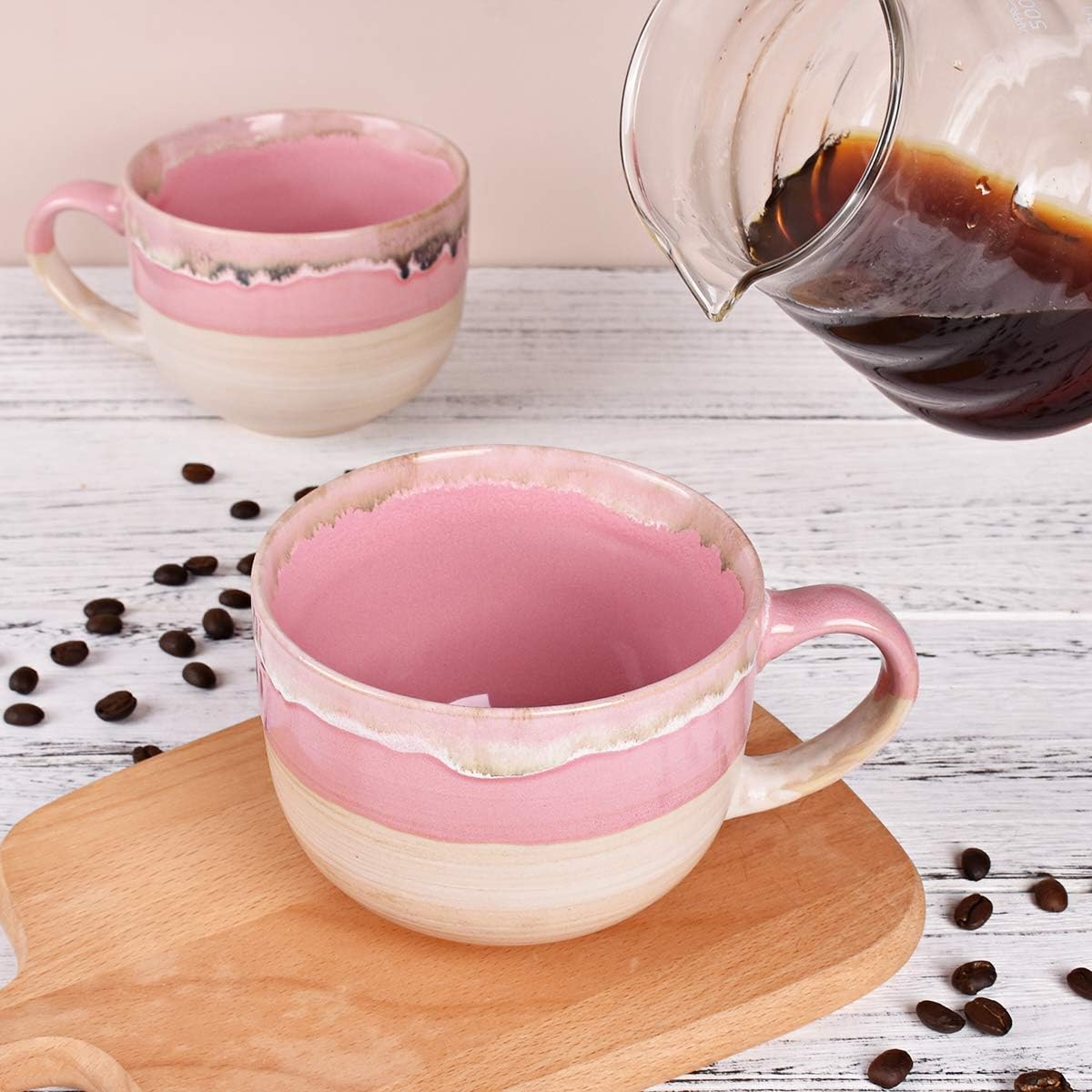 Large Ceramic Coffee Mug Set of 2, Stoneware Jumbo Latte Mugs Tea for Office and Home, 16 Oz, Dishwasher and Microwave Safe(Pink, 2)