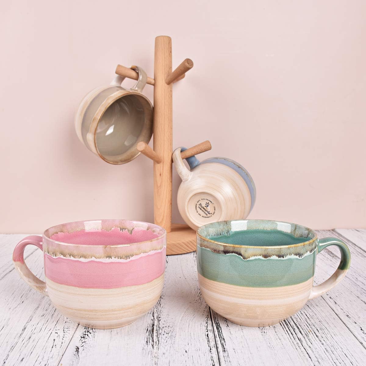 Large Ceramic Coffee Mug Set of 2, Stoneware Jumbo Latte Mugs Tea for Office and Home, 16 Oz, Dishwasher and Microwave Safe(Pink, 2)